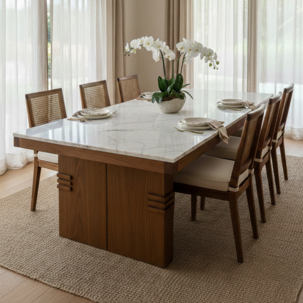 Elegant Wooden Dining Table Set with Marble Top (6-Seater)